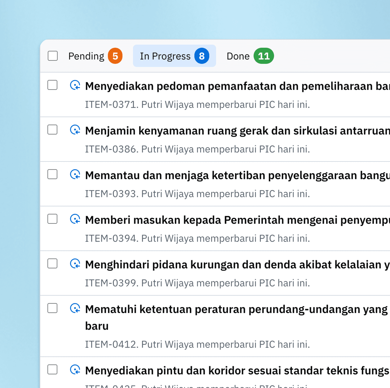 Daftar kewajiban regulasi yang terstruktur di Meridian RCS.